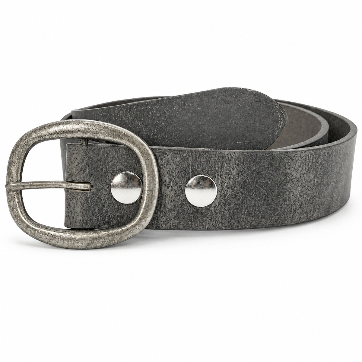 A dark gray textured leather belt with a distressed silver-tone metal buckle and two silver rivets, displayed on a clean white background.