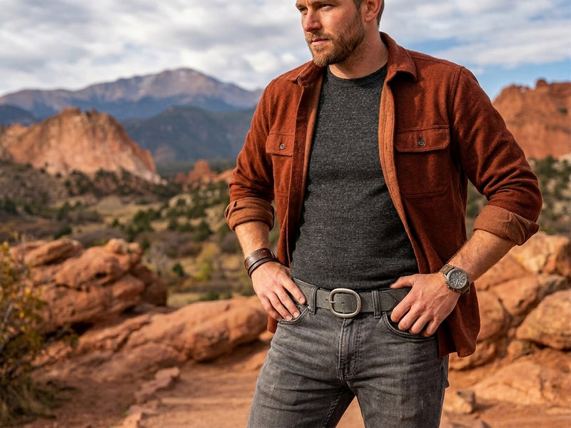 A man standing outdoors in a rocky desert landscape wearing a rust-brown overshirt over a dark gray t-shirt, gray jeans, and a black belt with a silver buckle.