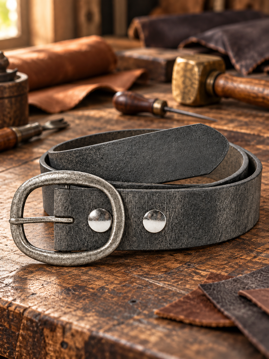 A dark gray leather belt with a distressed silver-tone oval buckle and two silver rivets, coiled on a rustic wooden workbench with leatherworking tools in the background.