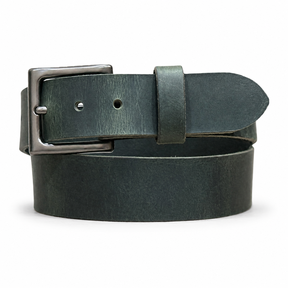 A dark green leather belt with a brushed silver-tone metal buckle, neatly coiled on a white background.