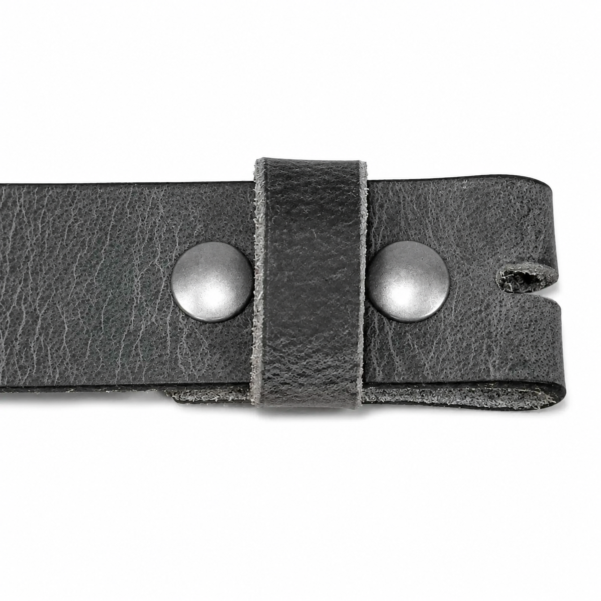 A close-up of a dark gray textured leather belt buckle, showing the strap, metal snap button, and leather keeper loop on a white background.