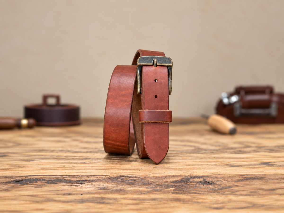 A full grain harness leather belt in russet color sitting on a wood bench.  The belt has an antique brass vintage belt buckle. 