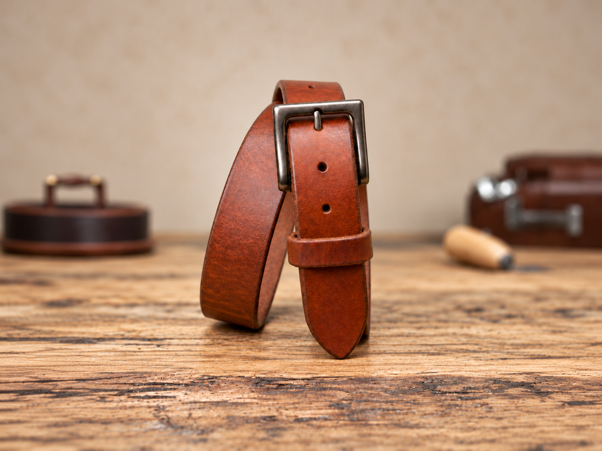 A brown leather belt with a silver-toned metal buckle, standing upright on a rustic wooden table with blurred leatherworking tools in the background.