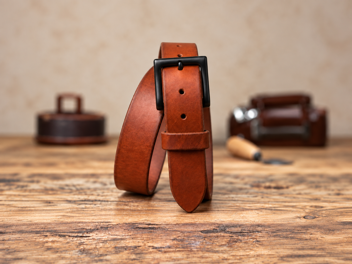 A warm brown leather belt with a black metal buckle, standing upright on a rustic wooden table with blurred leatherworking tools in the background.