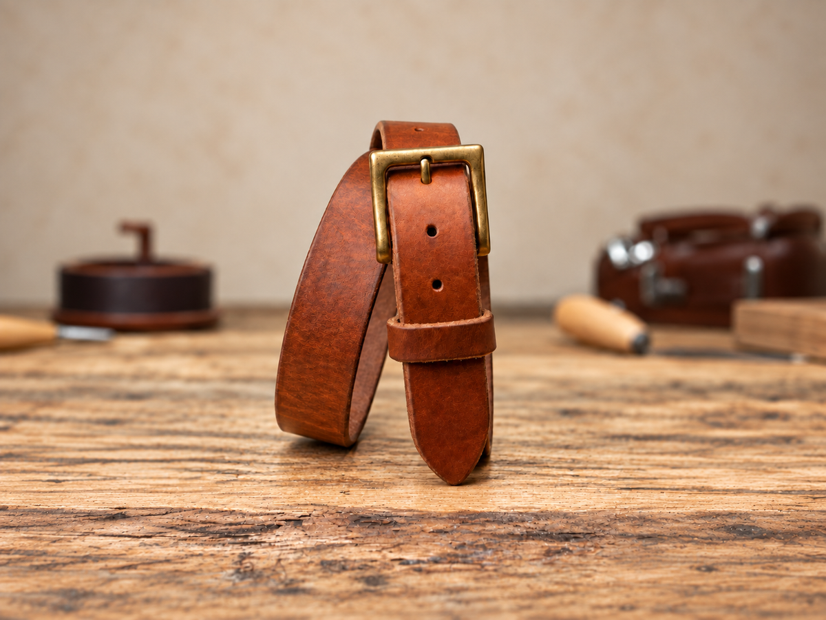 A brown leather belt with a brass buckle, standing upright on a rustic wooden table with blurred leatherworking tools in the background.