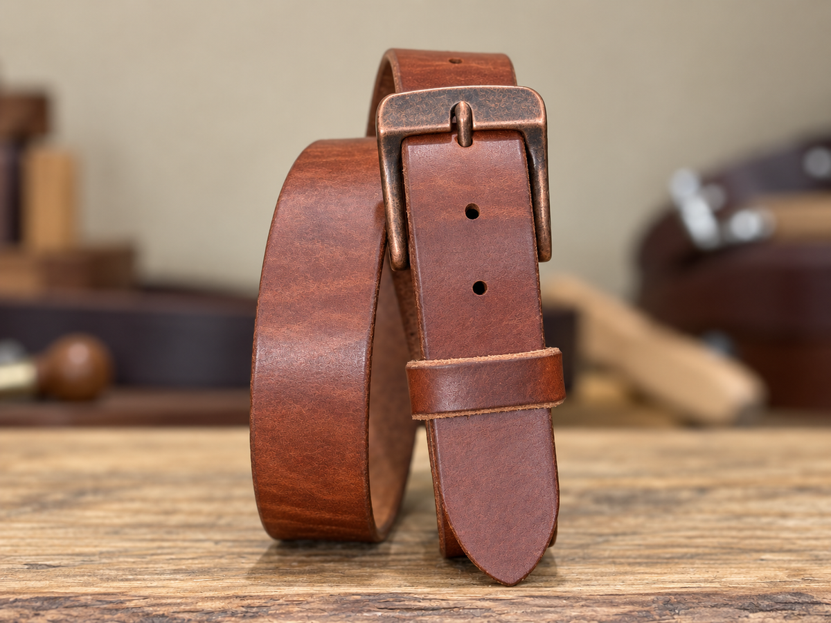 A full grain harness leather belt in russet color with a vintage copper belt buckle. 