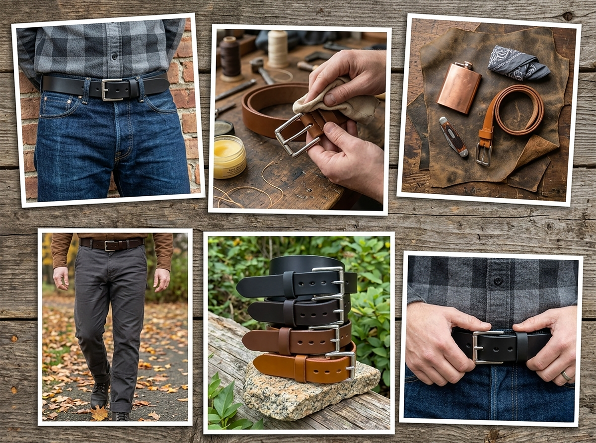 Collage of images showing various belts worn by people and displayed on a wooden surface.