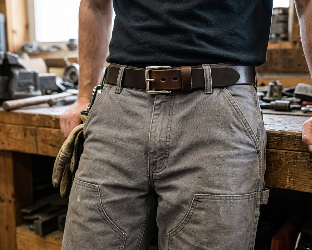 Person wearing gray pants and a brown belt in a workshop setting