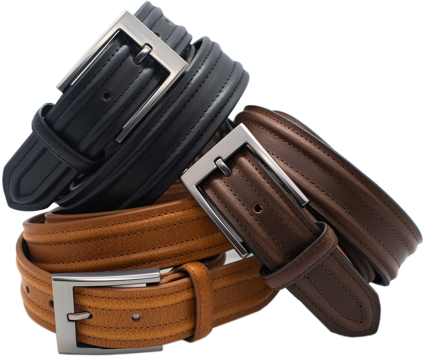 Buffalo Leather Dress Belts with Raised Ridge Accent - Black, Brown, or Tan
