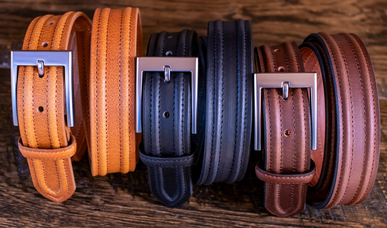 Buffalo Leather Dress Belts with Raised Ridge Accent - Black, Brown, or Tan
