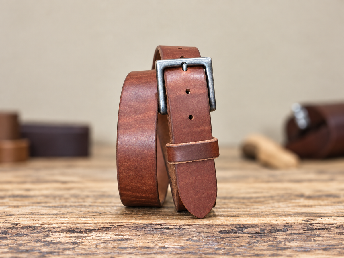 A coiled brown leather belt with a silver-toned metal buckle, standing upright on a rustic wooden surface against a softly blurred beige background.