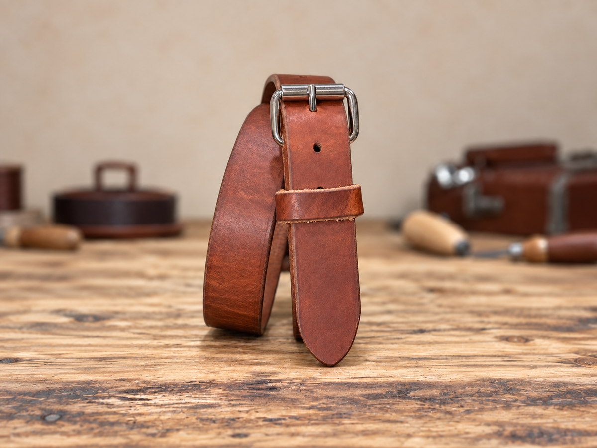A brown leather belt with a silver metal buckle, standing upright on a rustic wooden table with blurred leatherworking tools in the background.