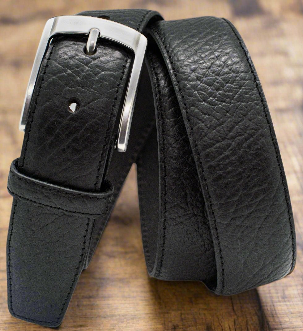 Black Buffalo Leather bel with shrunken grained leather