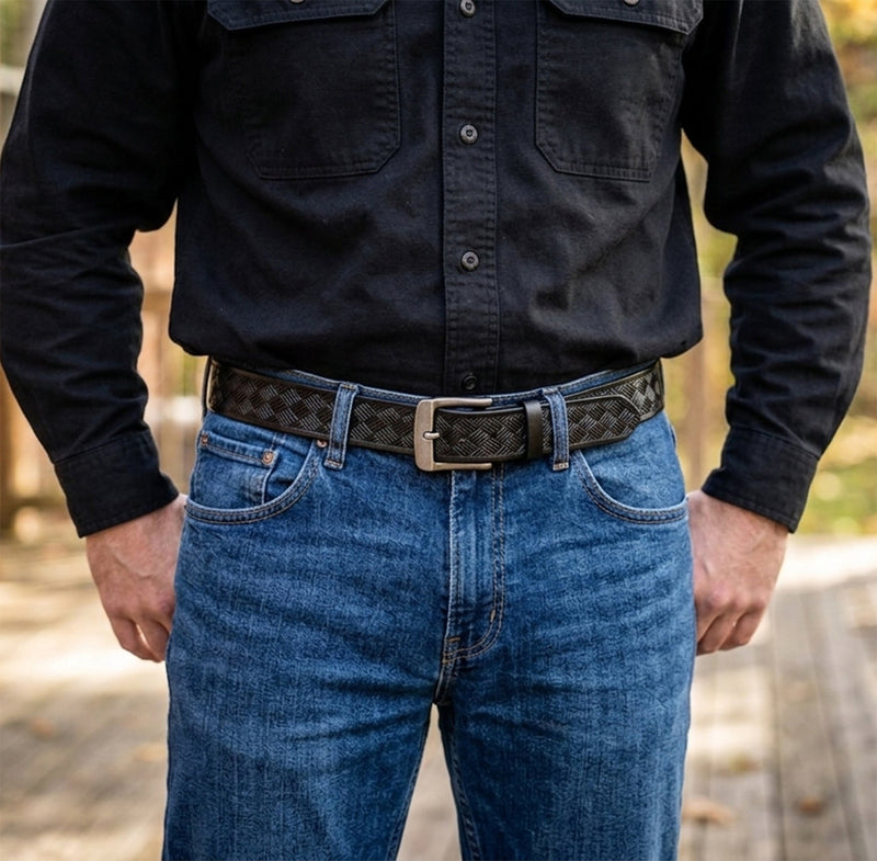 Black embossed steer hide leather belt worn with blue jeans and a black shirt, showing its basketweave pattern and rectangular buckle.
