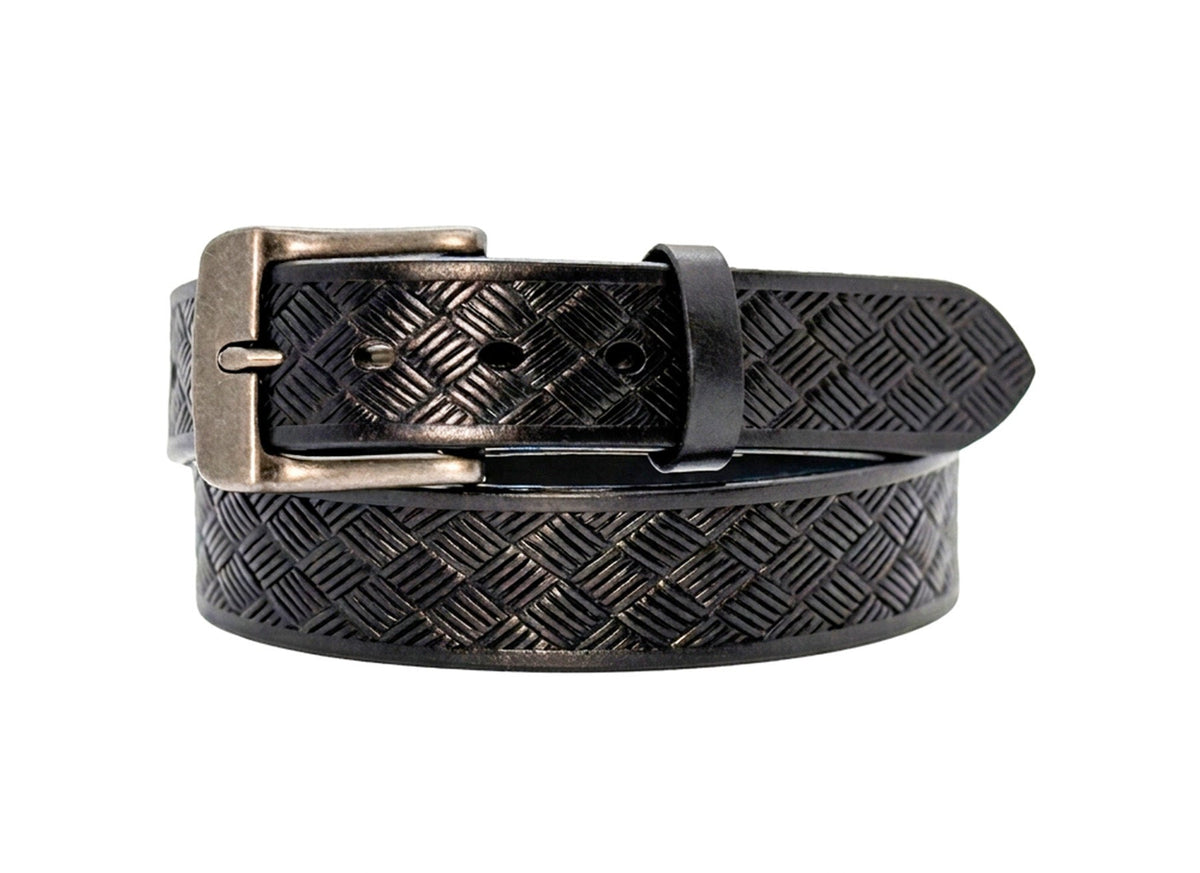 Black embossed steer hide leather belt coiled on white, showing its basketweave pattern, pointed tip, and silver-tone pin buckle.