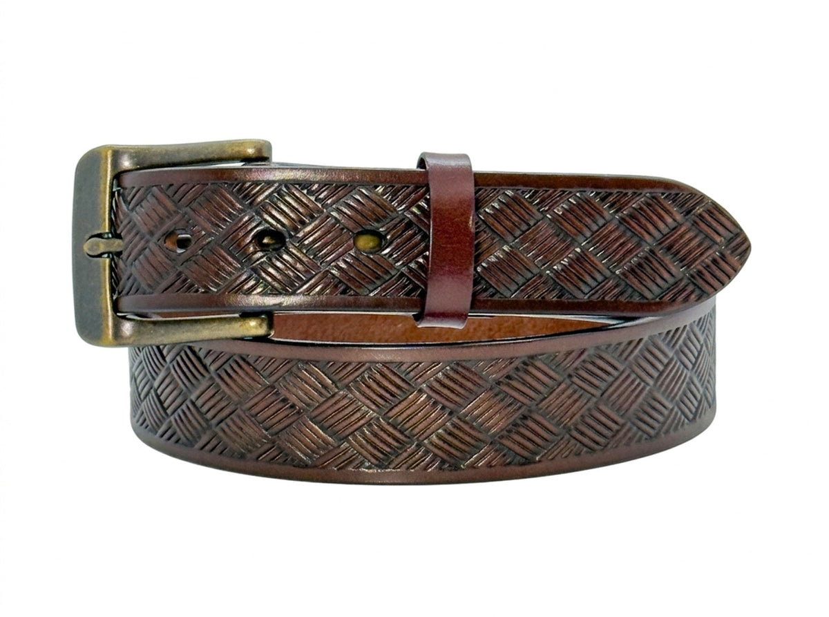 Brown embossed steer hide leather belt coiled on white, showing its basketweave pattern and brass-tone pin buckle.