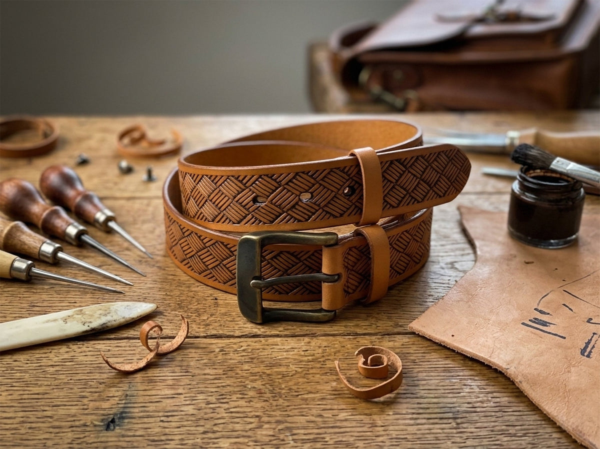 Tan embossed steer hide leather belt coiled on a workbench beside leatherworking tools and leather scraps.