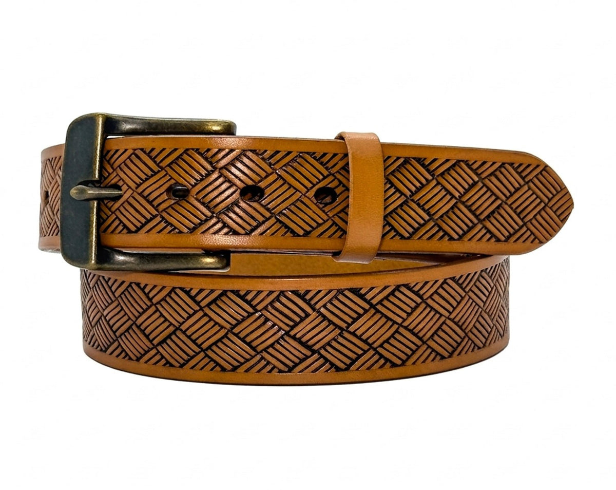 Tan embossed steer hide leather belt coiled on white, showing its basketweave pattern, pointed tip, and brass-tone pin buckle.