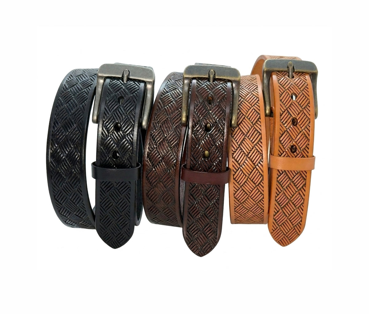 Black, brown, and tan embossed steer hide leather belts coiled upright on white with rectangular pin buckles.