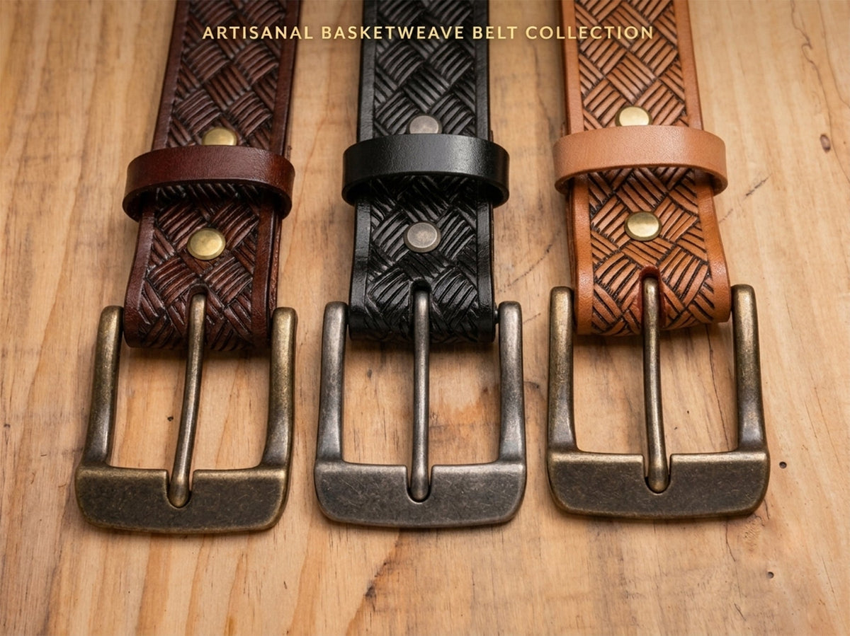 Brown, black, and tan embossed steer hide belt buckle ends laid side by side on wood, showing double snaps and matching keepers.