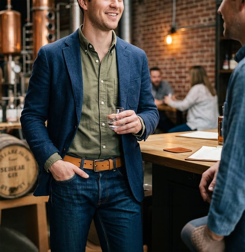 Tan stitched-edge steer hide leather belt worn with jeans, a green shirt, and a blue blazer.