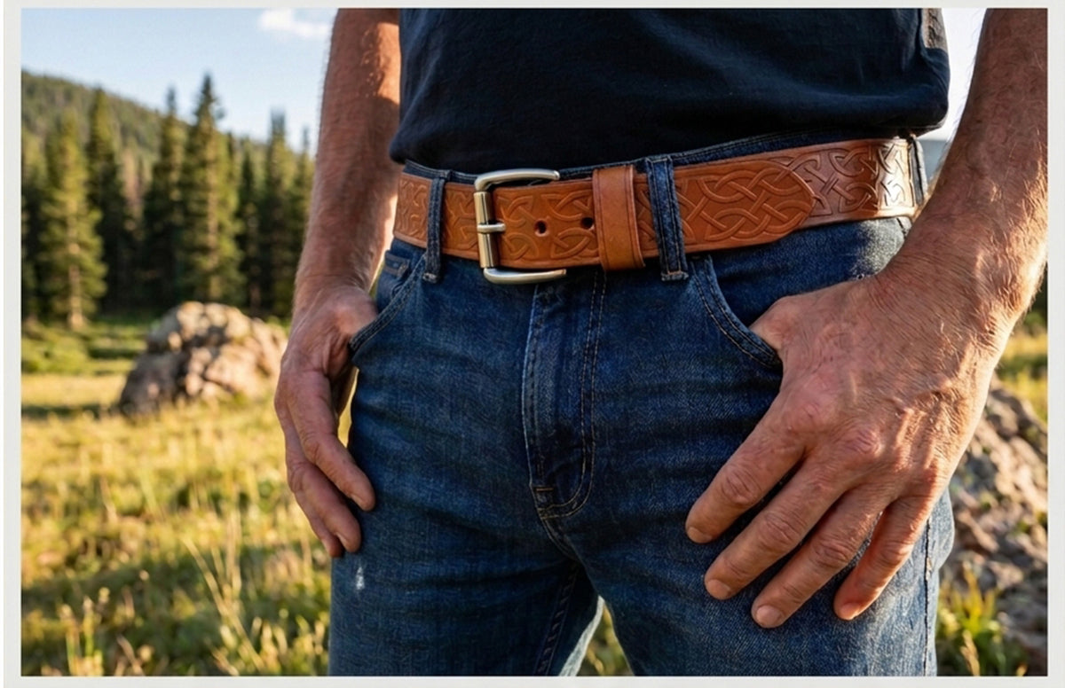 Man wearing a tan Celtic knot embossed leather belt with jeans in a Colorado mountain setting.