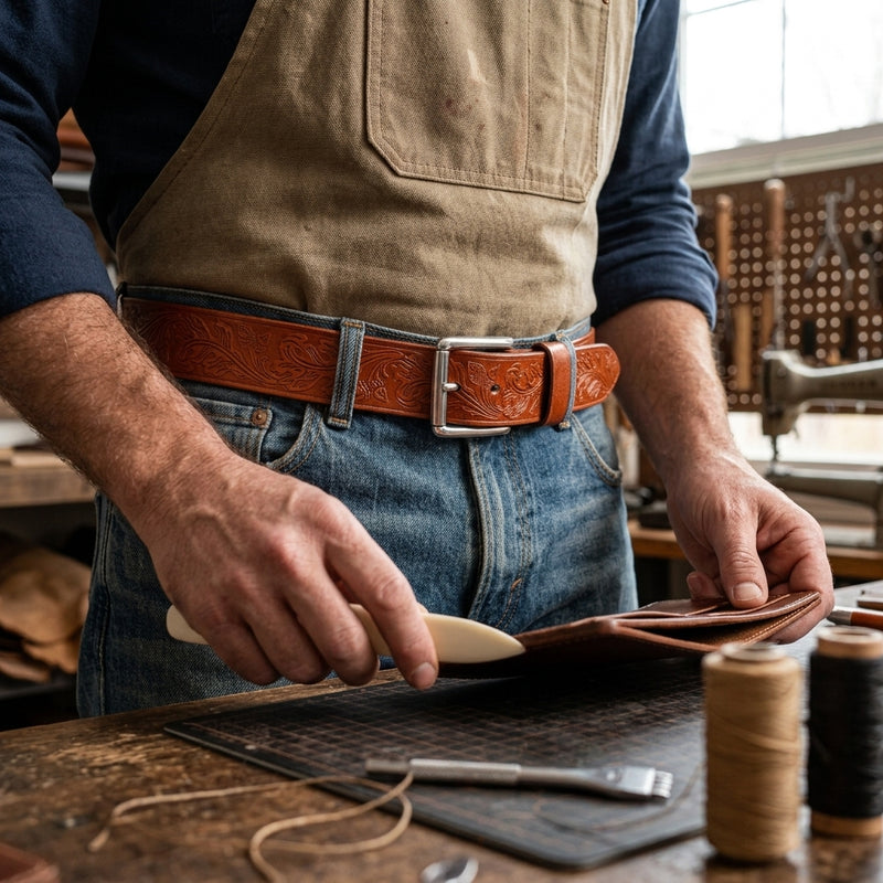 Man wearing a tan oak leaf and acorn embossed leather belt with jeans in a leather workshop.