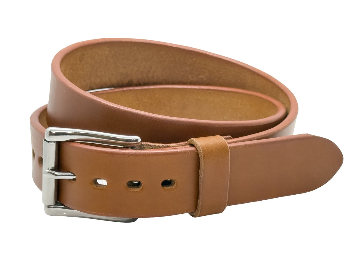 Brown leather belt with silver buckle on a white background