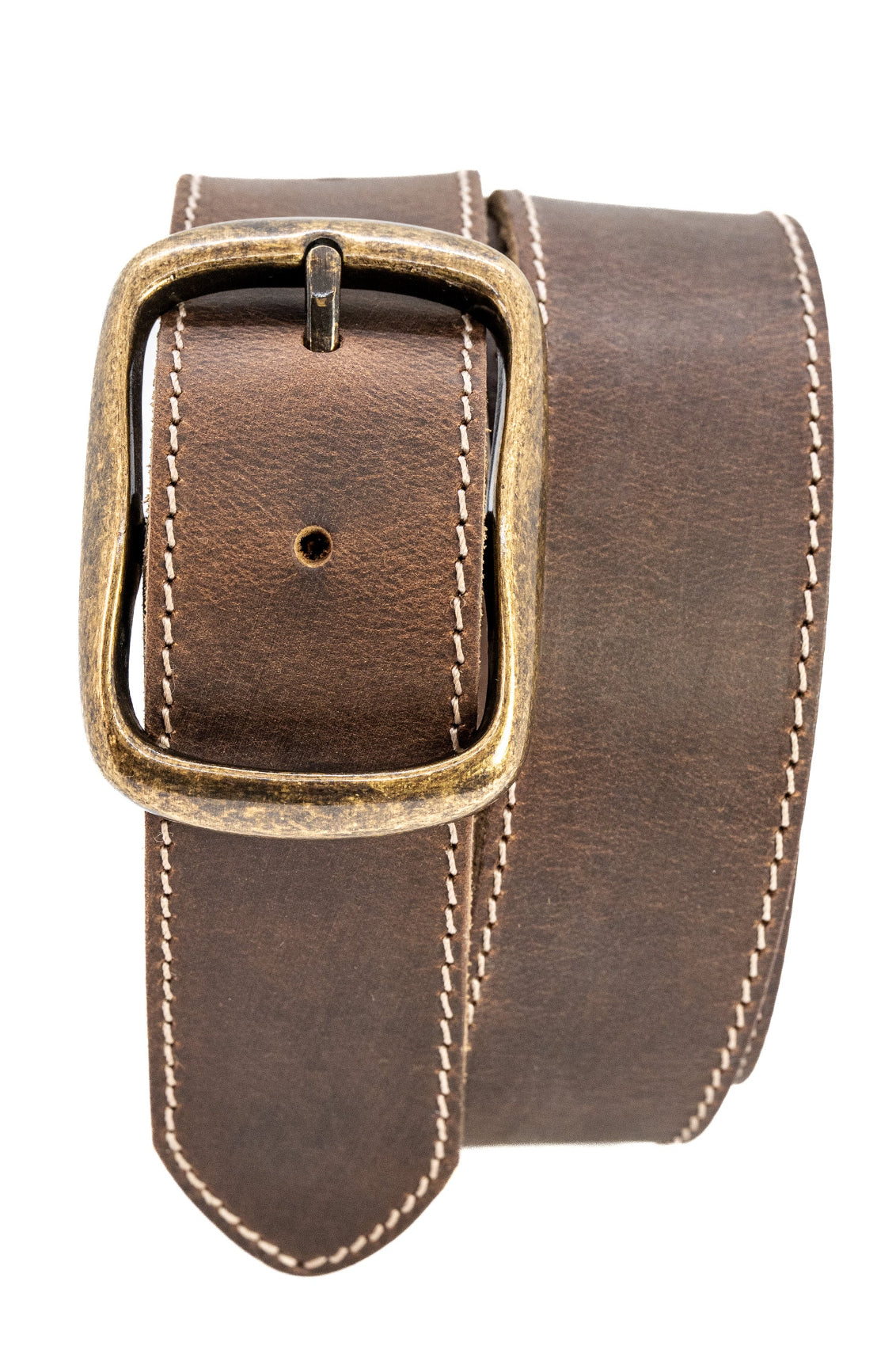 Brown leather belt with a brass buckle on a white background