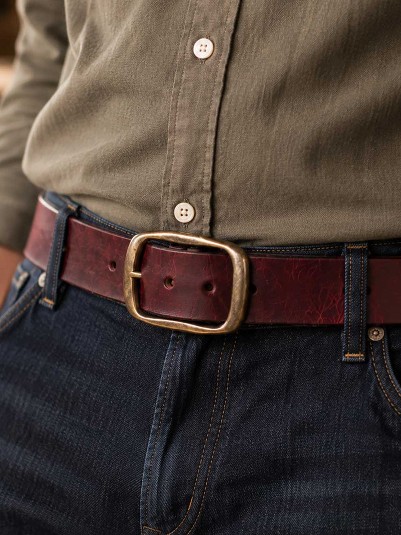A close-up of a person wearing a dark brown leather belt with a large brass buckle, tucked into dark blue jeans and paired with an olive green button-down shirt.