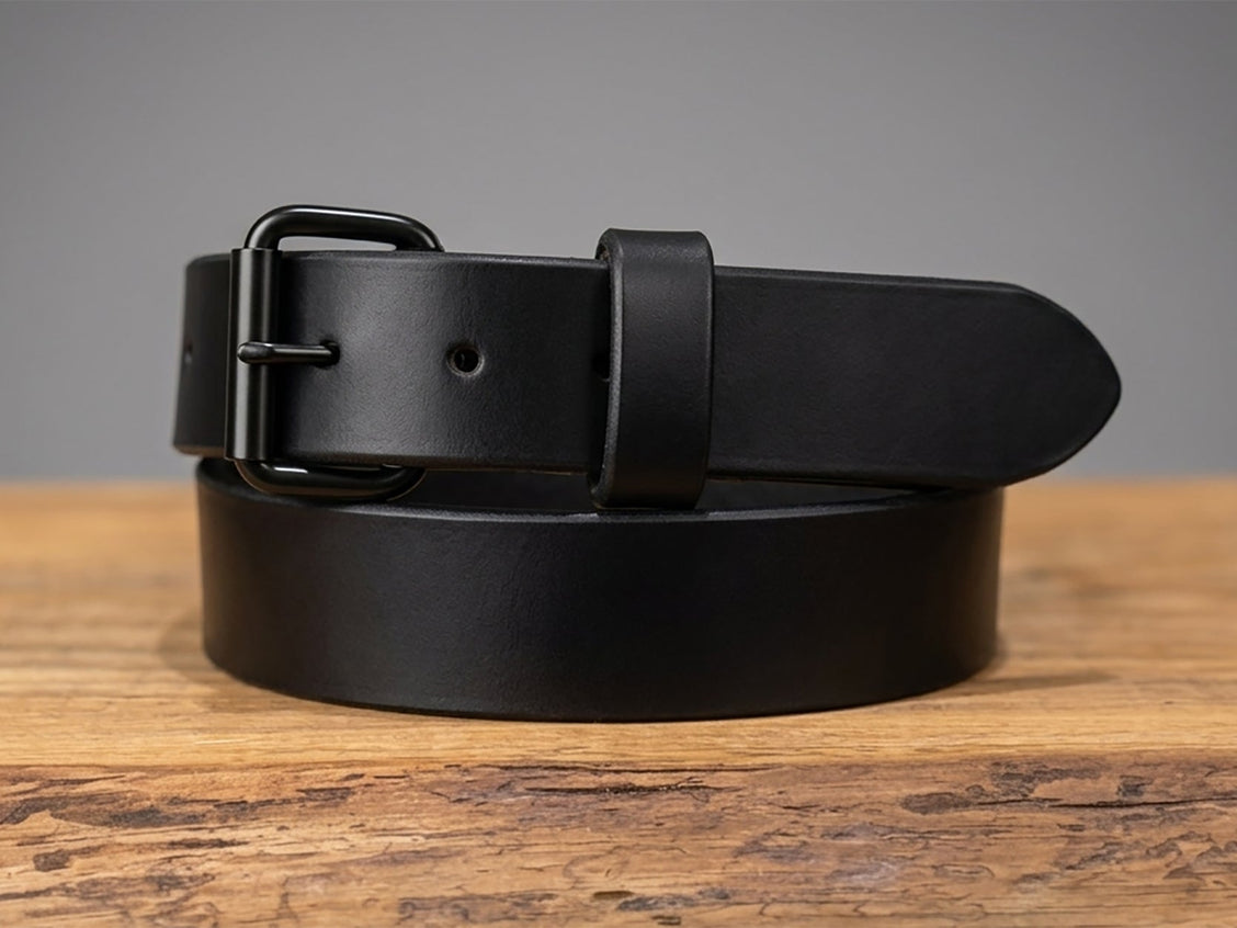 Close-up of the black harness belt buckle and extra-thick full-grain leather.