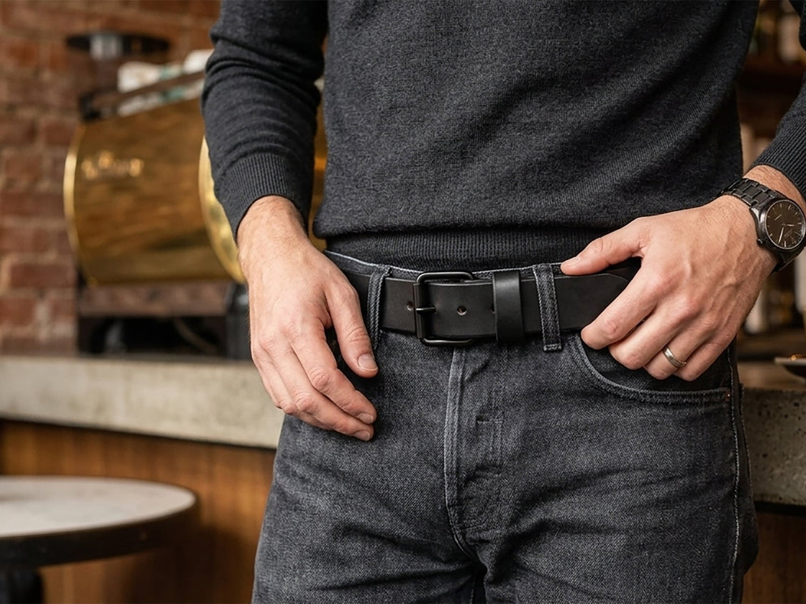 Black harness leather belt coiled to show the heavy 13–14oz strap and buckle.