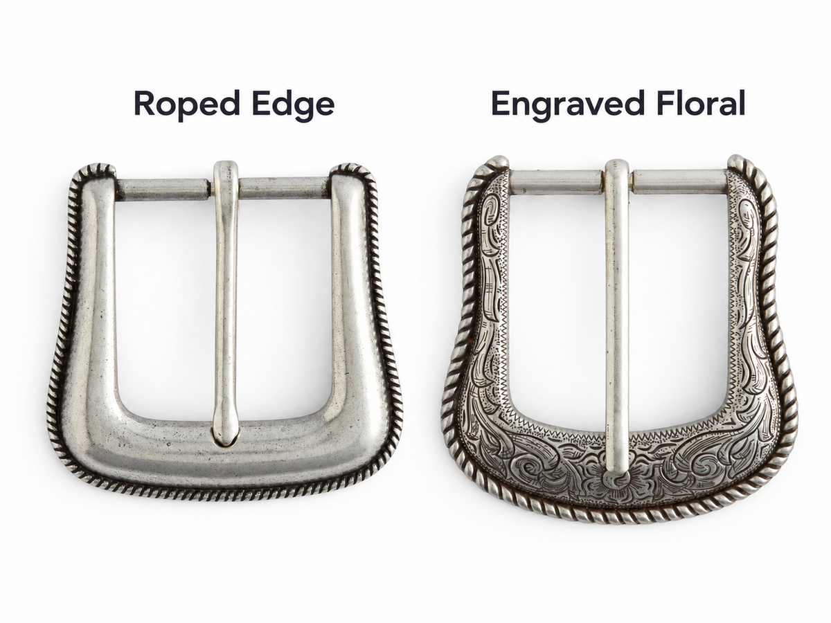Buckle options side by side: Roped Edge on the left and Engraved Floral on the right, labeled above each buckle.