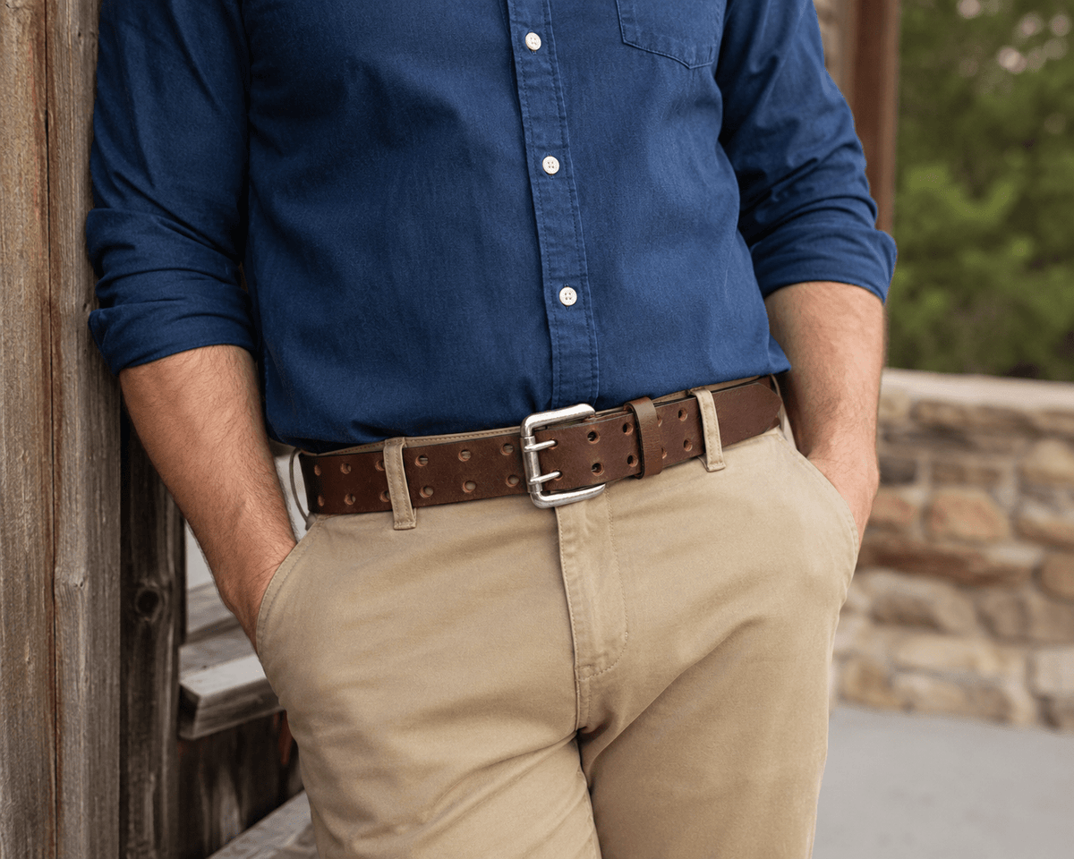 Brown Double Prong Leather Belt, Full Grain Buffalo - 1.5" - TheBeltShoppe.com