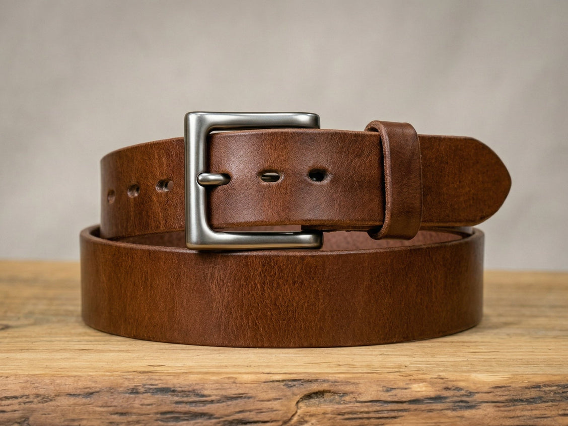 Back of the brown harness leather belt showing buckle attachment and keeper