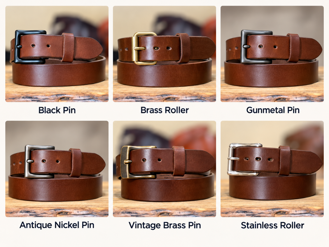 Brown harness leather belt buckle options labeled Black Pin, Brass Roller, Gunmetal Pin, Antique Nickel Pin, Vintage Brass Pin, and Stainless Roller