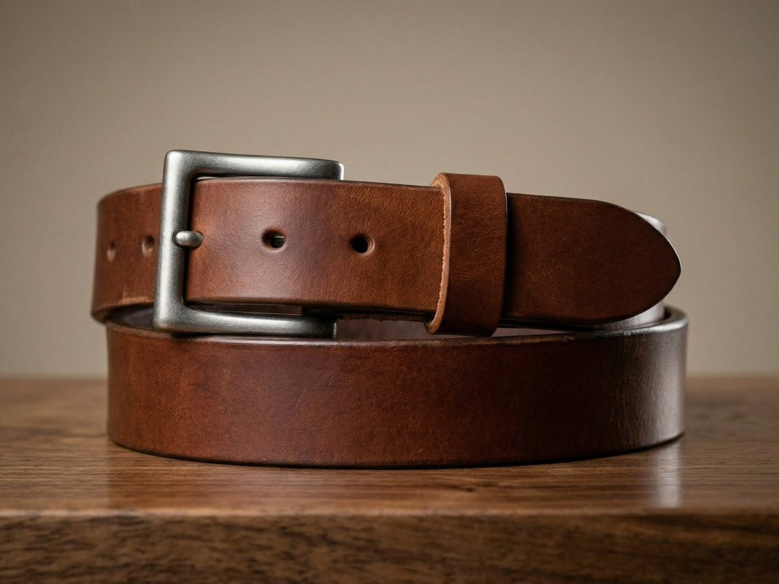 Close-up of the brown harness belt buckle and extra-thick full-grain leather