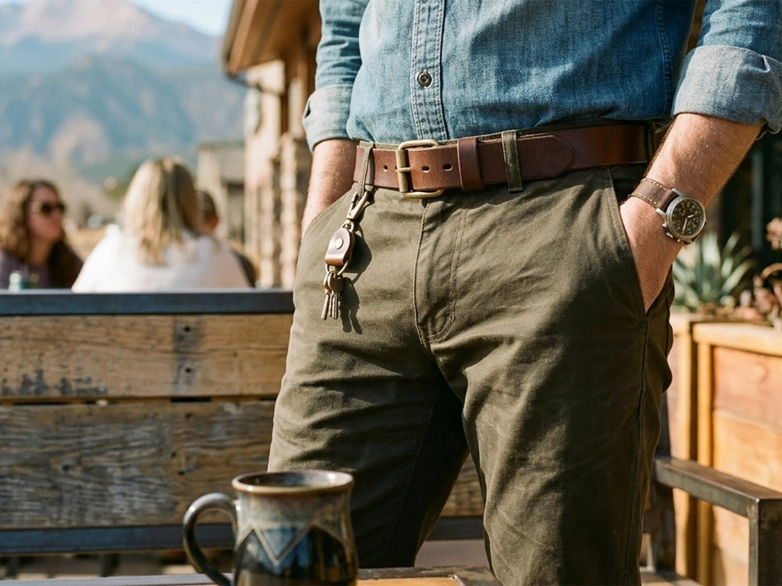 Brown harness leather belt coiled to show the heavy 13–14oz strap and buckle