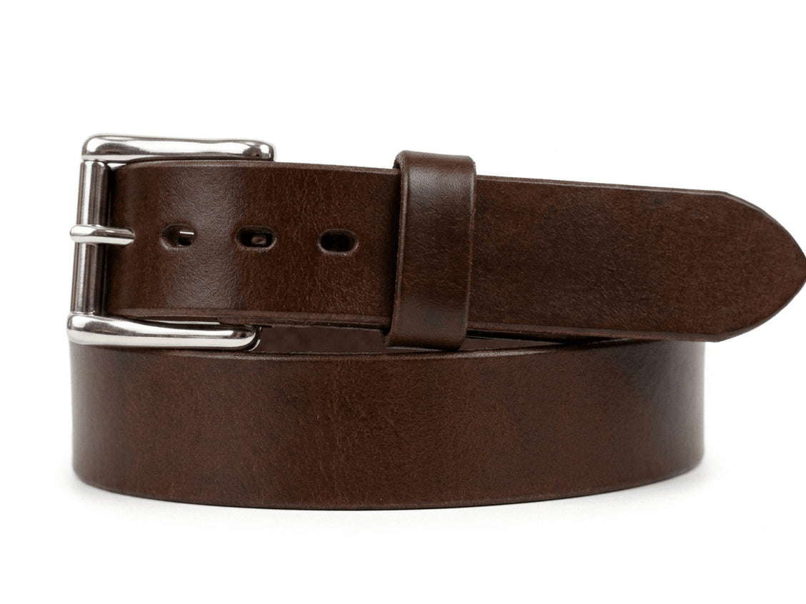 Brown 1.5-inch harness leather belt in extra-thick 13–14oz full-grain leather with buckle