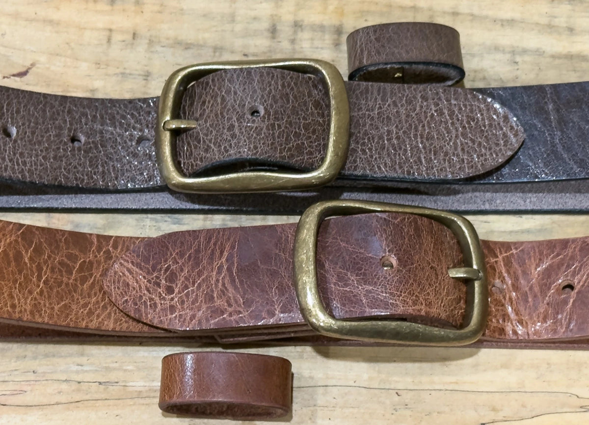 Brown and tan buffalo leather belts with removable buckle options