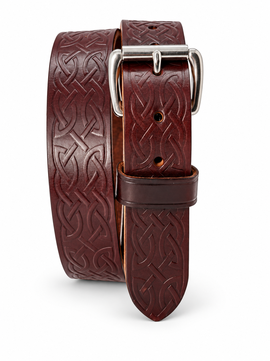 Brown Celtic knot embossed full-grain harness leather belt with stainless steel roller buckle.