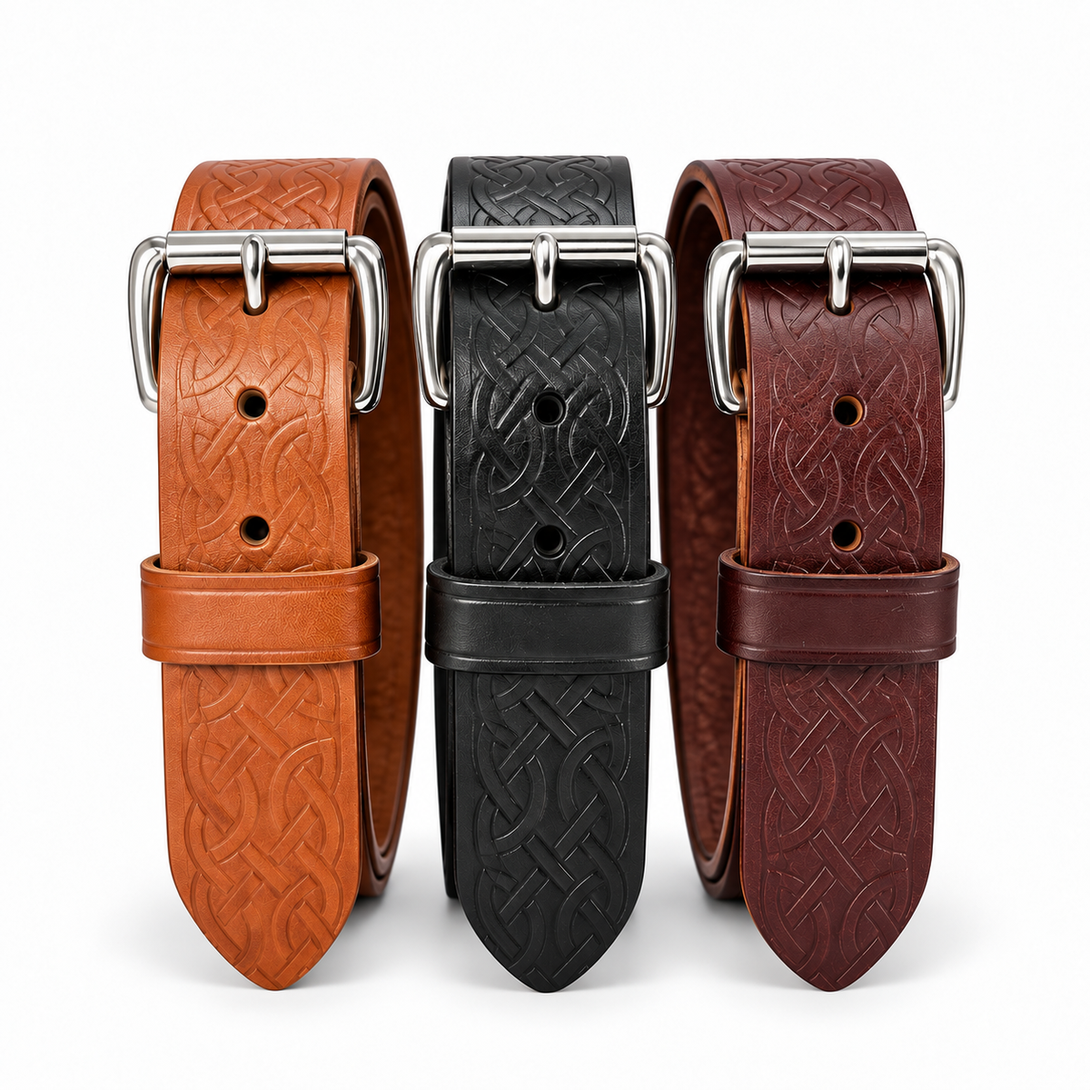 Black, brown, and tan Celtic knot embossed full-grain harness leather belts with stainless steel roller buckles.