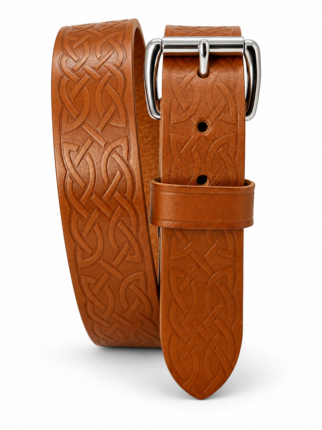 Tan Celtic knot embossed full-grain harness leather belt with stainless steel roller buckle.
