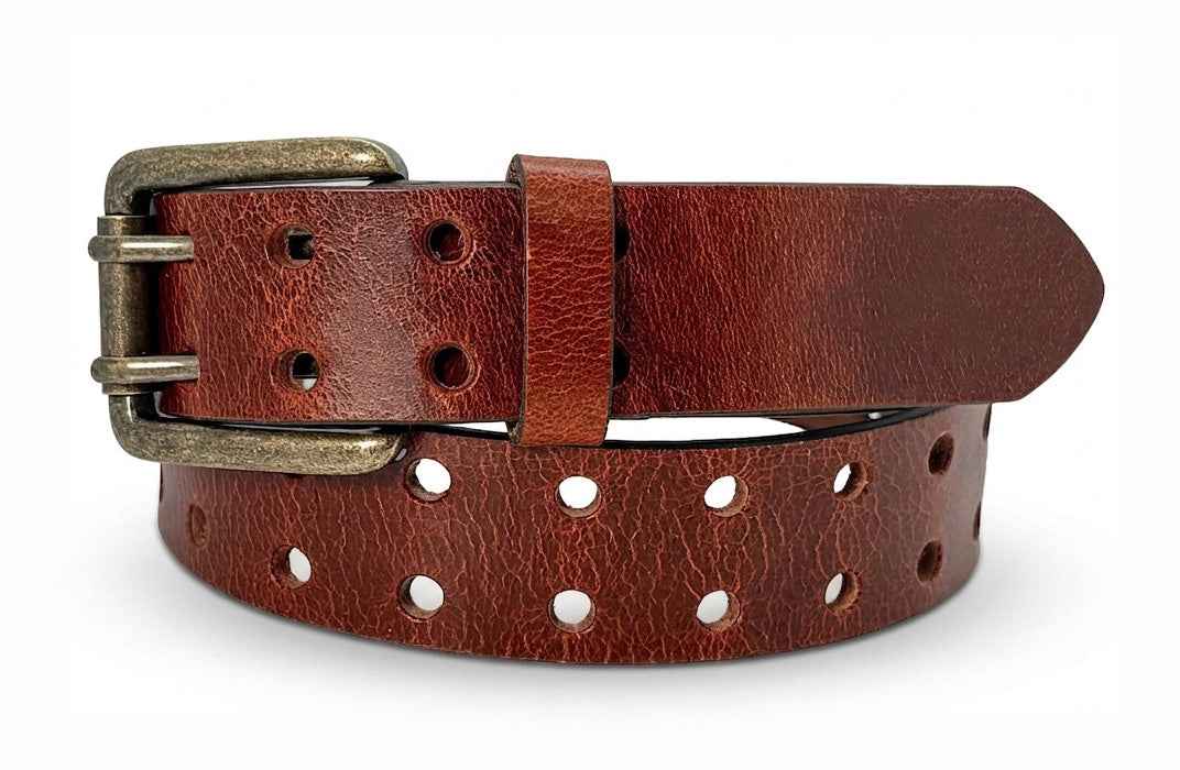 Chestnut Double Prong Leather Belt, Full Grain Buffalo - 1.5" - TheBeltShoppe.com