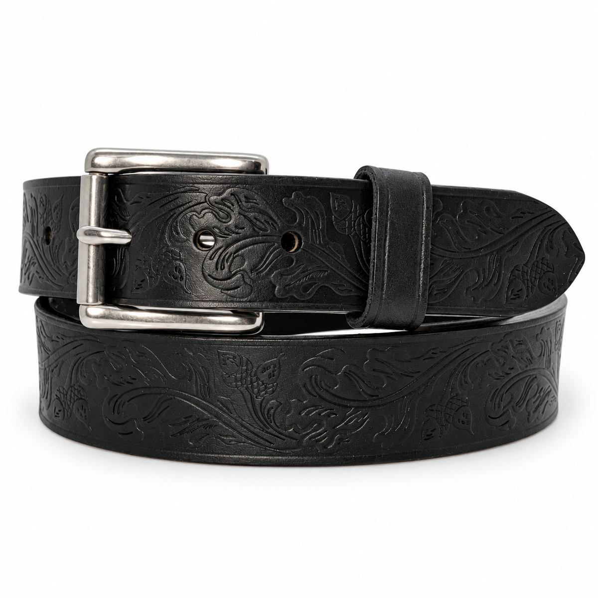 Coiled black full-grain harness leather belt with oak leaf and acorn embossing and a stainless steel roller buckle.