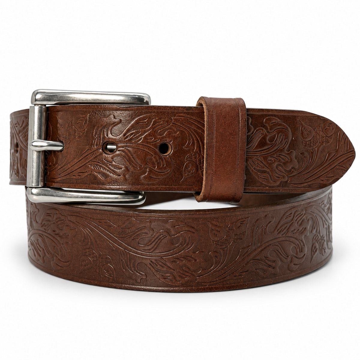Coiled brown full-grain harness leather belt with oak leaf and acorn embossing and a stainless steel roller buckle.