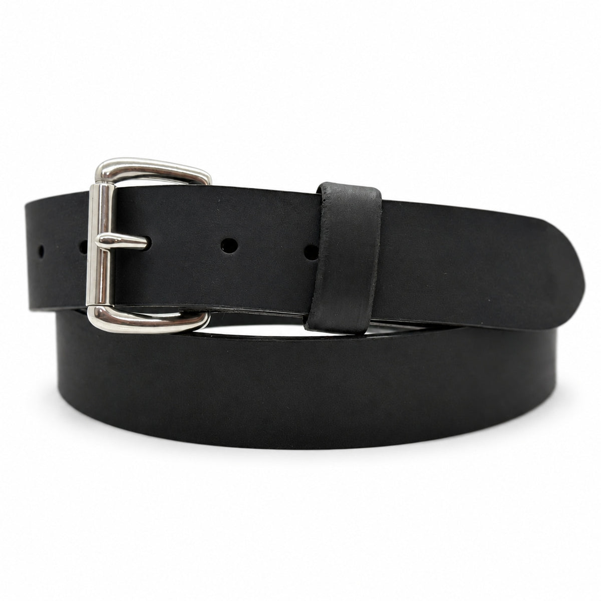 1.5-inch Crazy Horse black full-grain buffalo leather belt coiled with a Stainless Steel Roller buckle.