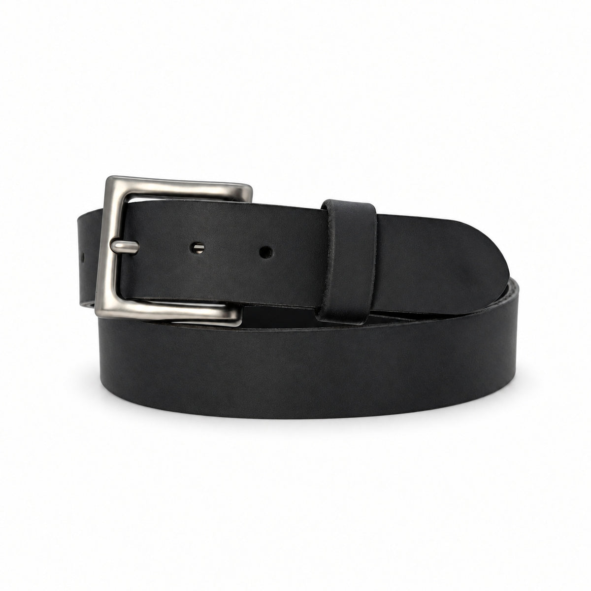 Black Crazy Horse leather belt coiled with a Heavy Gunmetal Pin buckle on white.