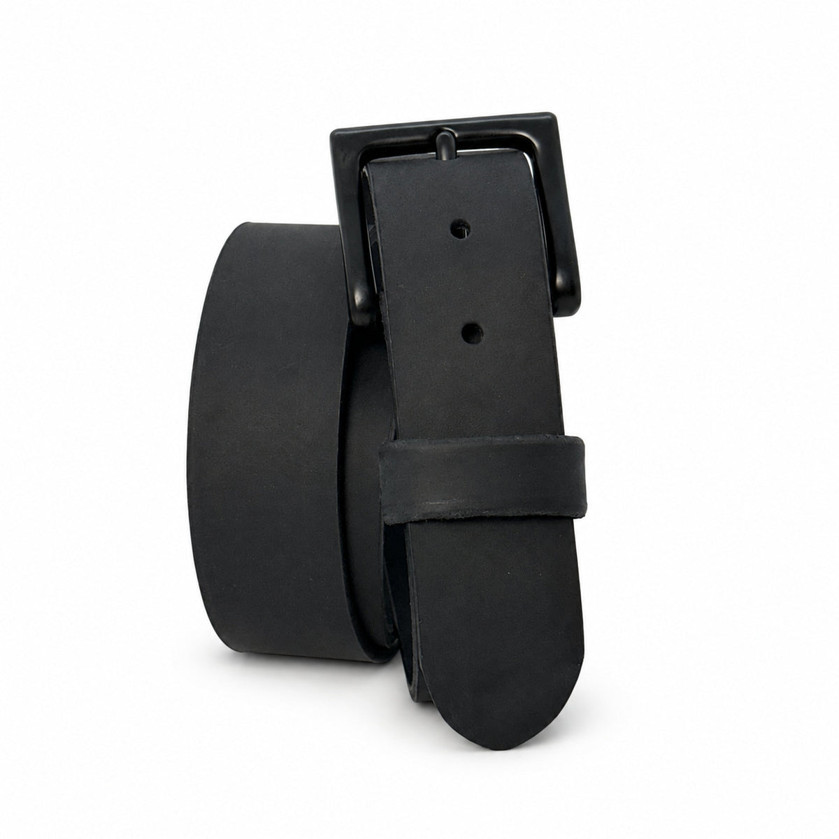 Black Crazy Horse leather belt standing coiled with a Heavy Black Pin buckle on white.