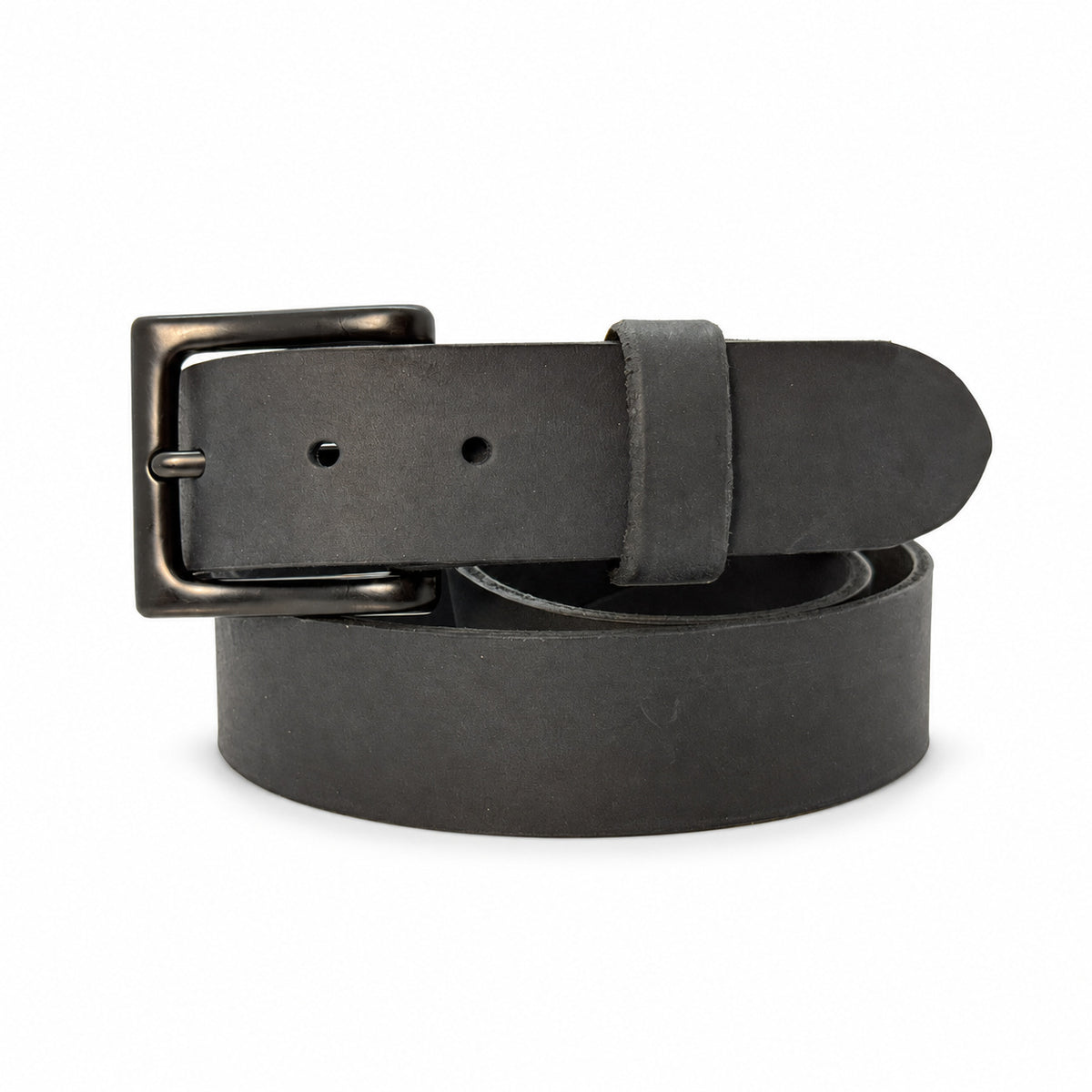 Black Crazy Horse leather belt coiled with a Heavy Black Pin buckle on white.